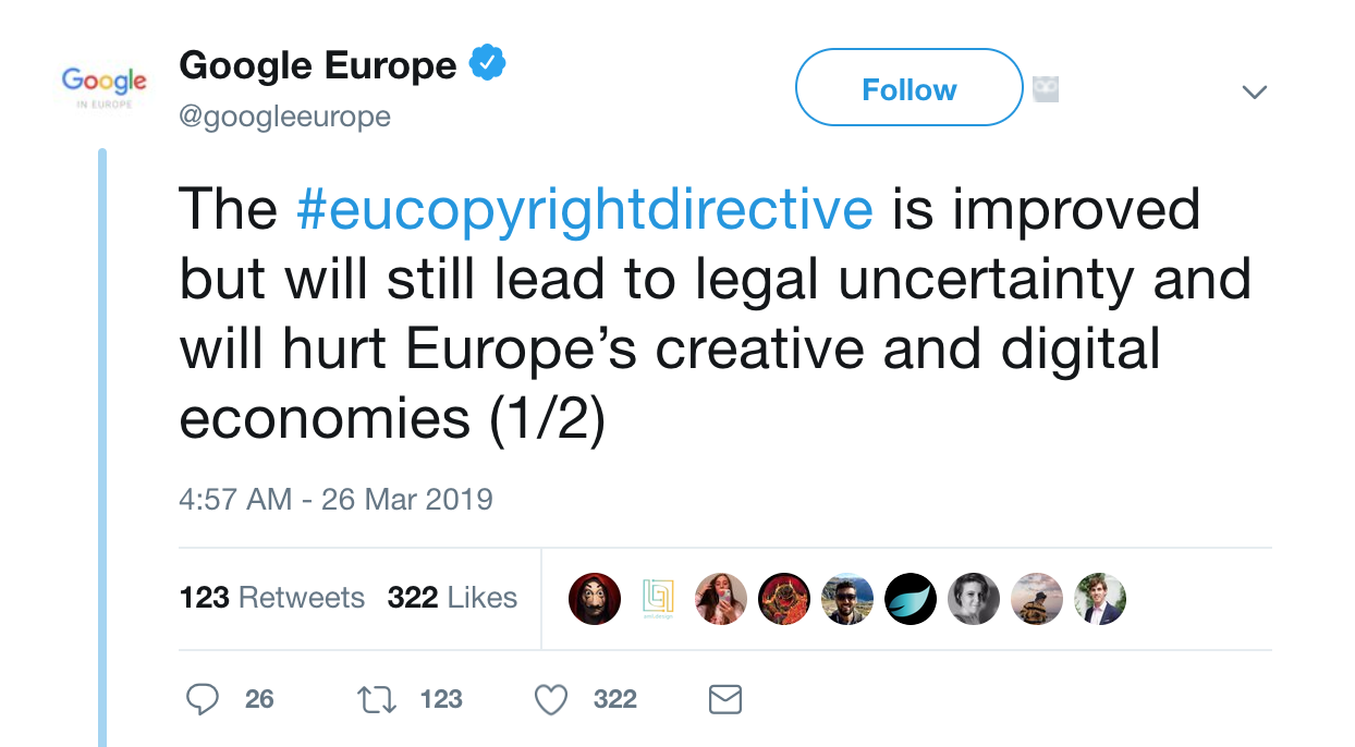 EU legge copyright articolo 17 tweet Google