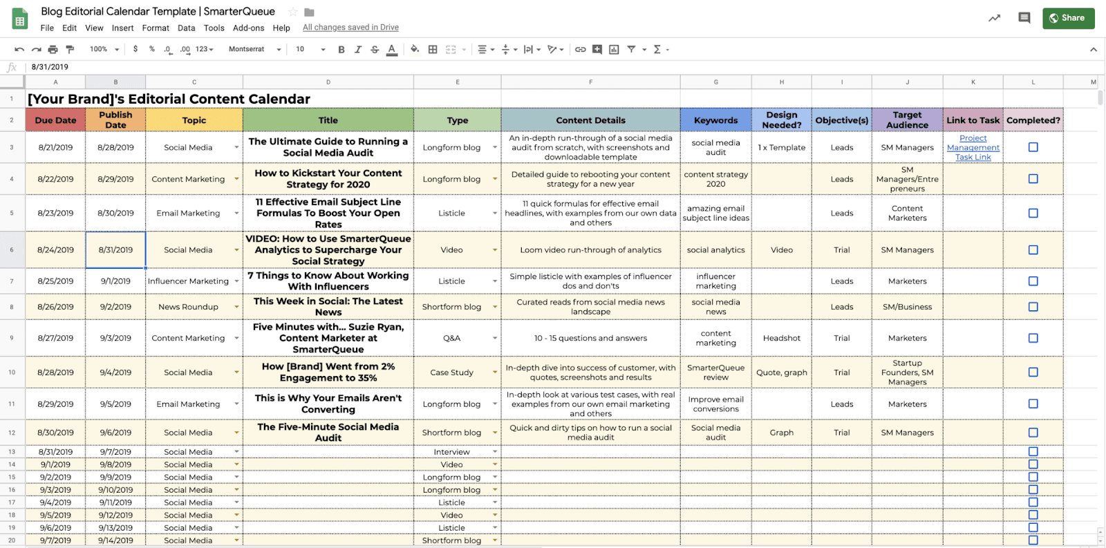 template calendario editoriale